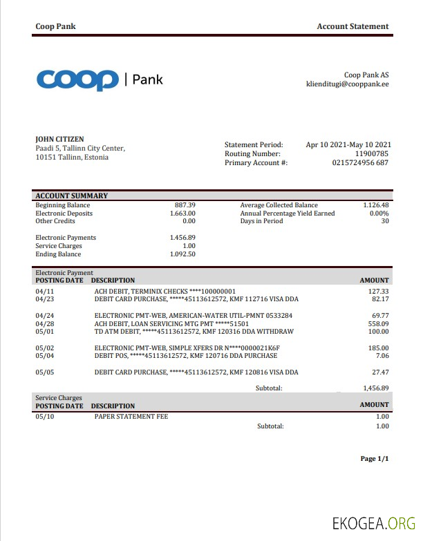 Modèle de relevé bancaire de preuve d'adresse d'Estonie Coop Pank au format Word et PDF